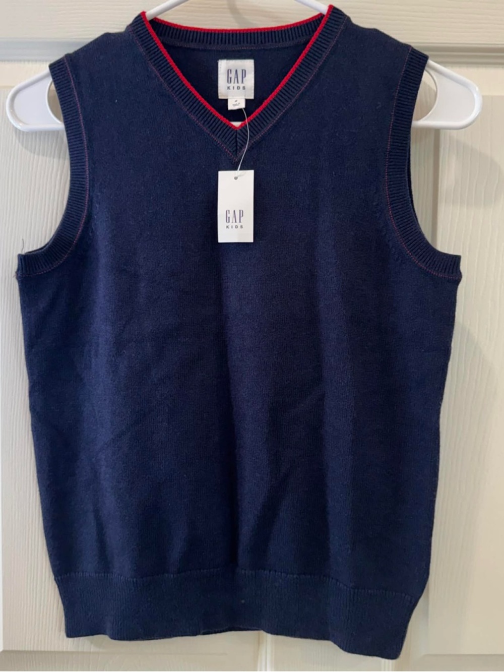 GAP Kids Navy V-Neck Sweater Vest with Red Trim Medium
